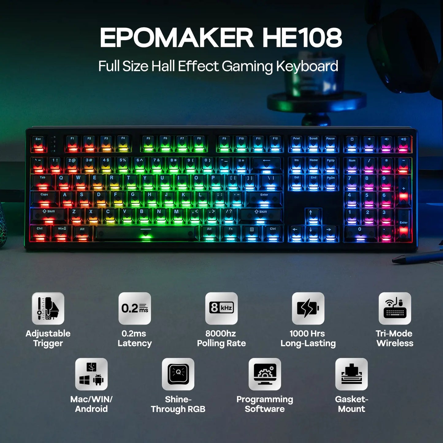 EPOMAKER HE108 Wireless Gaming Keyboard, 8K Polling & 10000Mah, SOCD & DKS, Full-Sized Hall Effect Keyboard with Rapid Triggering, Custom Driver RGB Backlit PBT Keycap Gaming Accessories Keyboards for Gaming Tiktokshopstockup