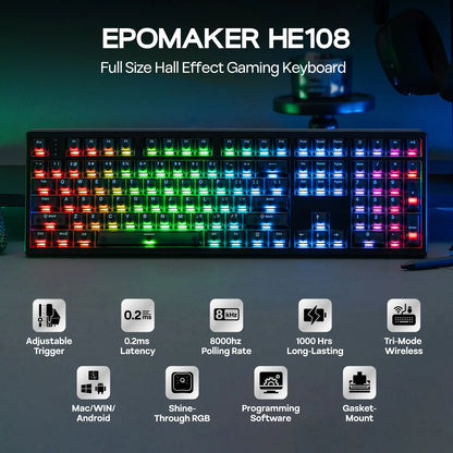EPOMAKER HE108 Wireless Gaming Keyboard, 8K Polling & 10000Mah, SOCD & DKS, Full-Sized Hall Effect Keyboard with Rapid Triggering, Custom Driver RGB Backlit PBT Keycap Gaming Accessories Keyboards for Gaming Tiktokshopstockup