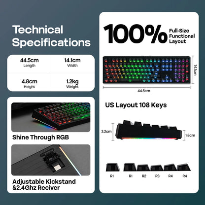 EPOMAKER HE108 Wireless Gaming Keyboard, 8K Polling & 10000Mah, SOCD & DKS, Full-Sized Hall Effect Keyboard with Rapid Triggering, Custom Driver RGB Backlit PBT Keycap Gaming Accessories Keyboards for Gaming Tiktokshopstockup
