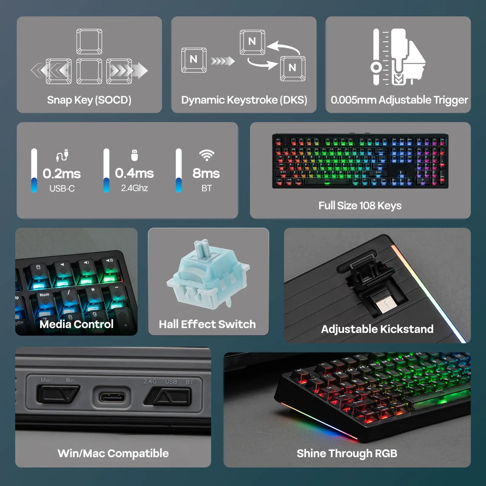 EPOMAKER HE108 Wireless Gaming Keyboard, 8K Polling & 10000Mah, SOCD & DKS, Full-Sized Hall Effect Keyboard with Rapid Triggering, Custom Driver RGB Backlit PBT Keycap Gaming Accessories Keyboards for Gaming Tiktokshopstockup