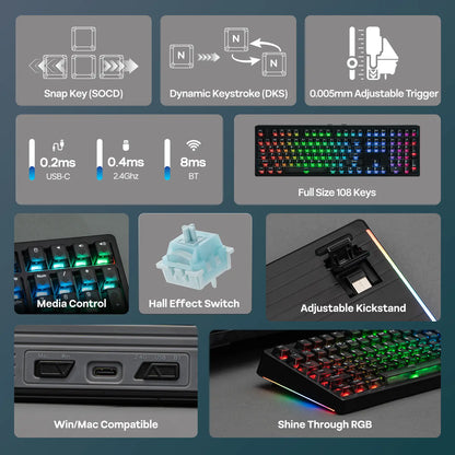 EPOMAKER HE108 Wireless Gaming Keyboard, 8K Polling & 10000Mah, SOCD & DKS, Full-Sized Hall Effect Keyboard with Rapid Triggering, Custom Driver RGB Backlit PBT Keycap Gaming Accessories Keyboards for Gaming Tiktokshopstockup